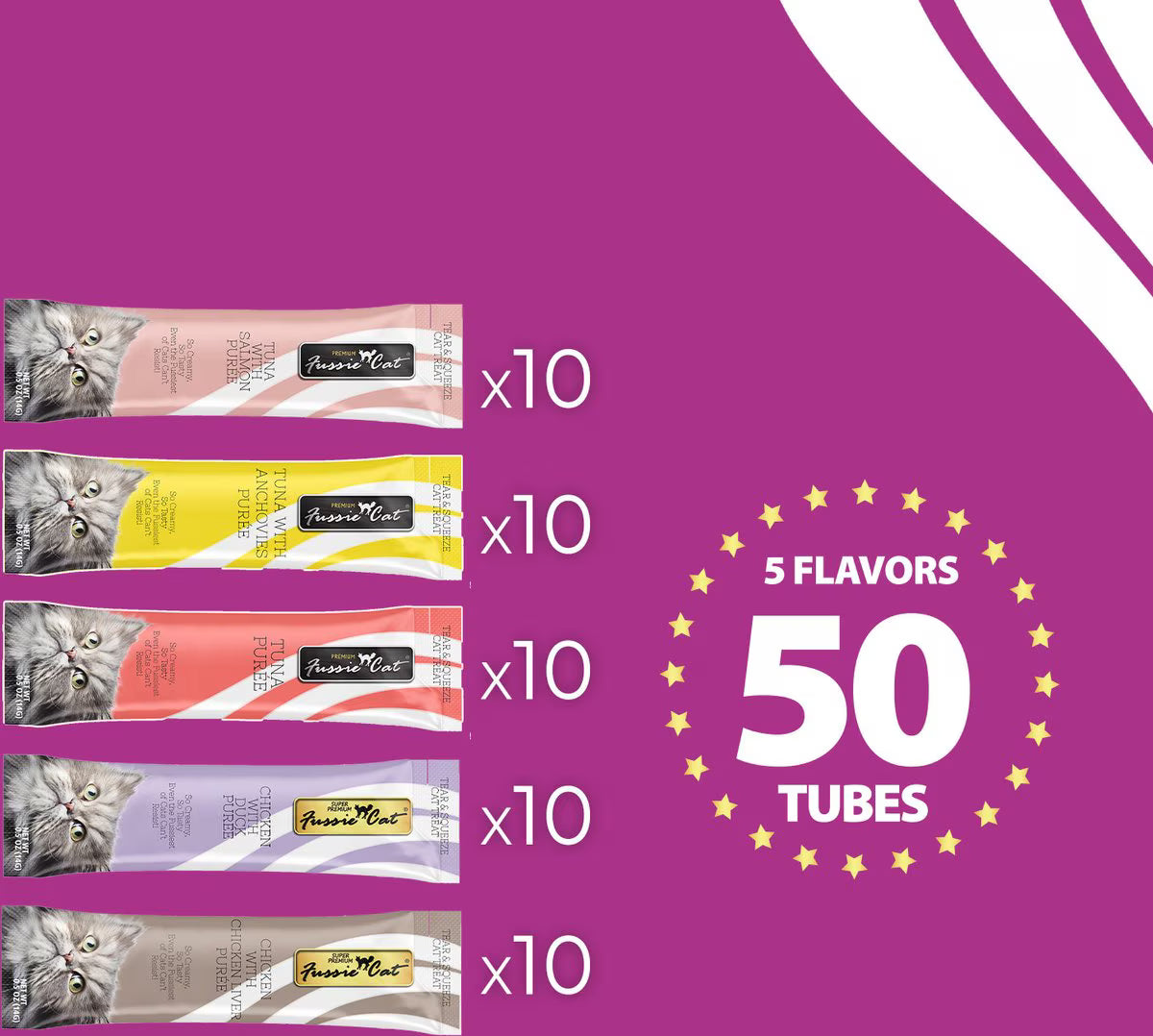 Fussie Cat Puree 50-Count Variety Pack - Tuna & Chicken 5 Flavors