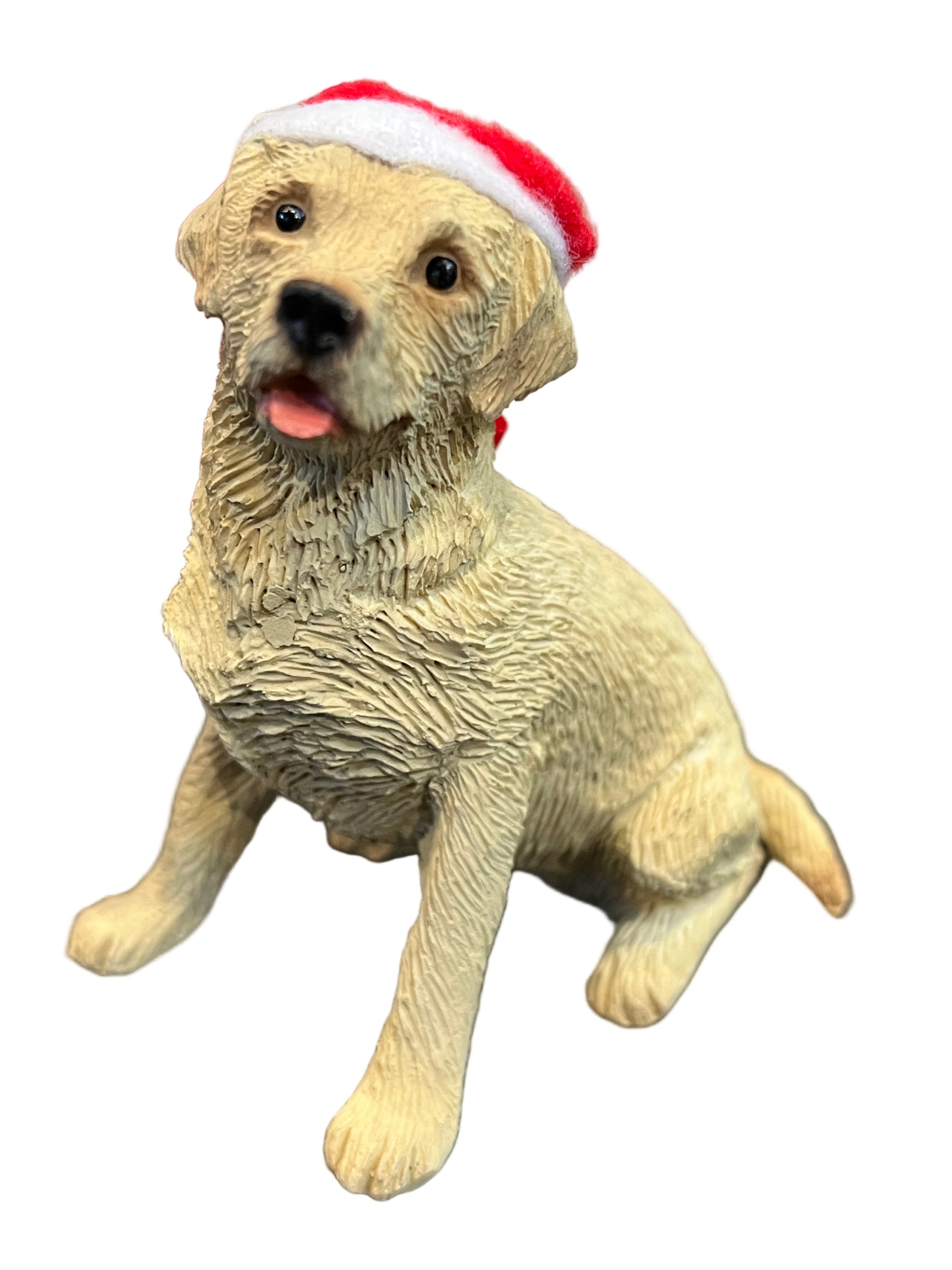 Sandicast Dog Ornament - Labrador Retriever w/Santa Hat Sitting, Yellow