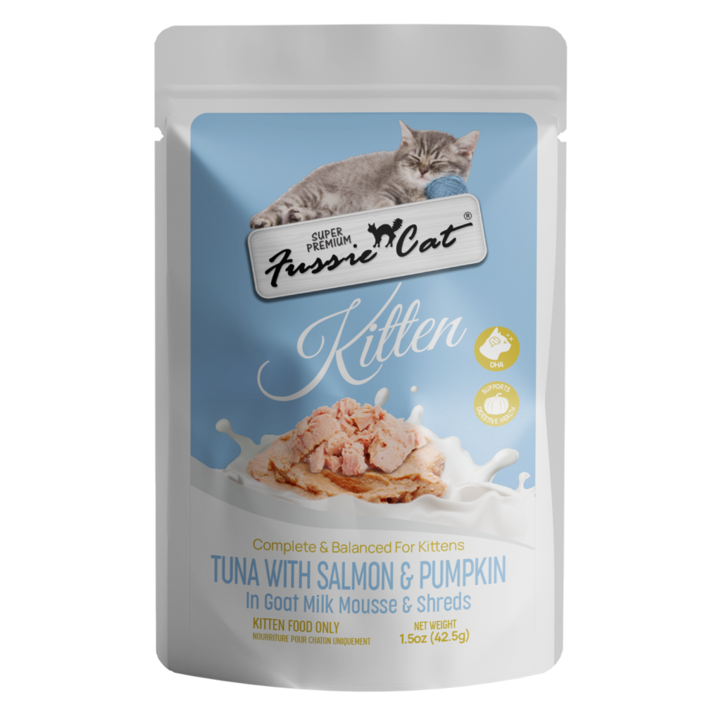 Fussie Cat Pouch Kitten Tuna, Salmon & Pumpkin Shreds in Goat Milk