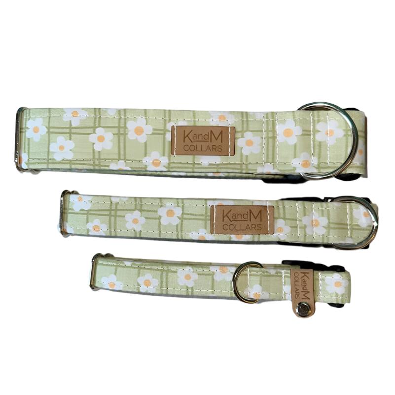 K & M Collars Bright Green Daisies on Plaid