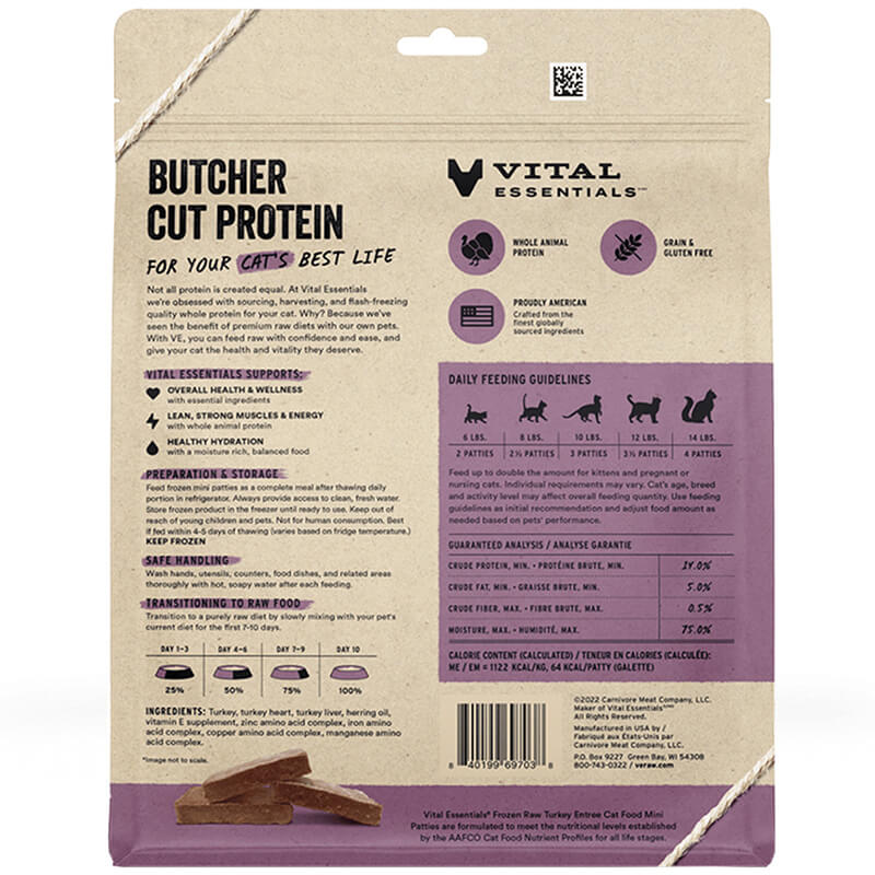 Vital Essentials Cat Frozen Raw Mini Patties Turkey