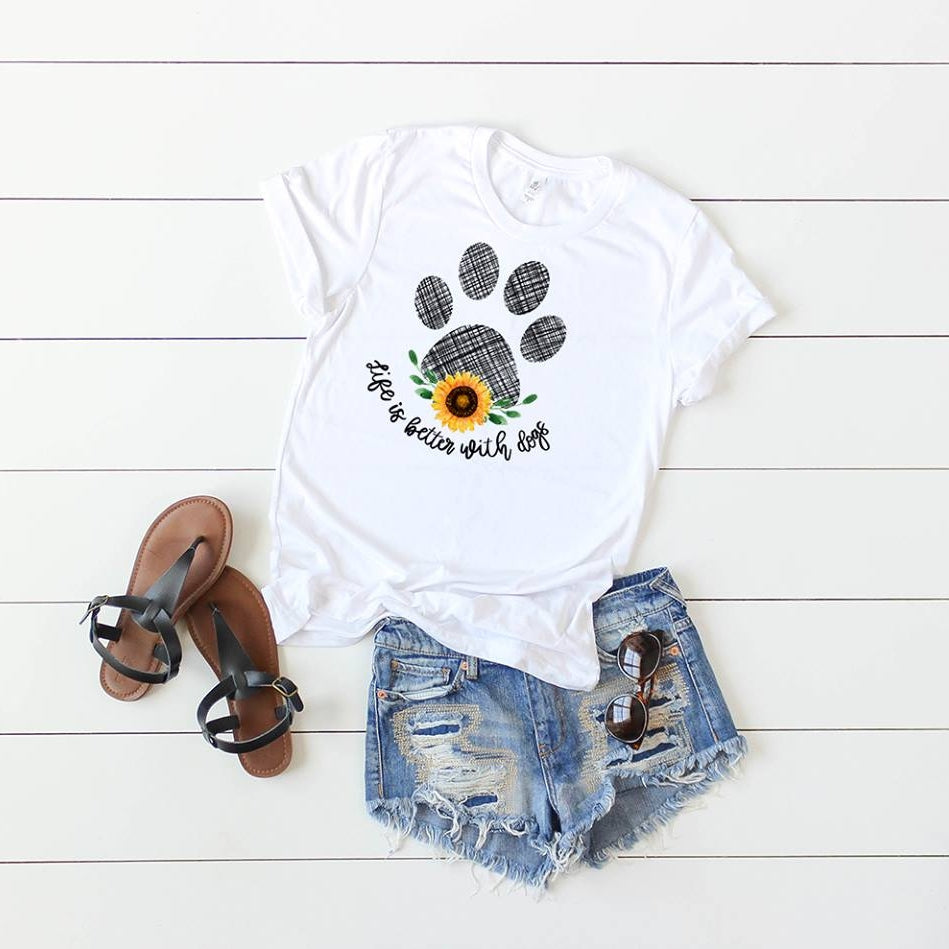 Squishy Faces Life is Better with Dogs Sunflower Pawprint Short Sleeve Tee